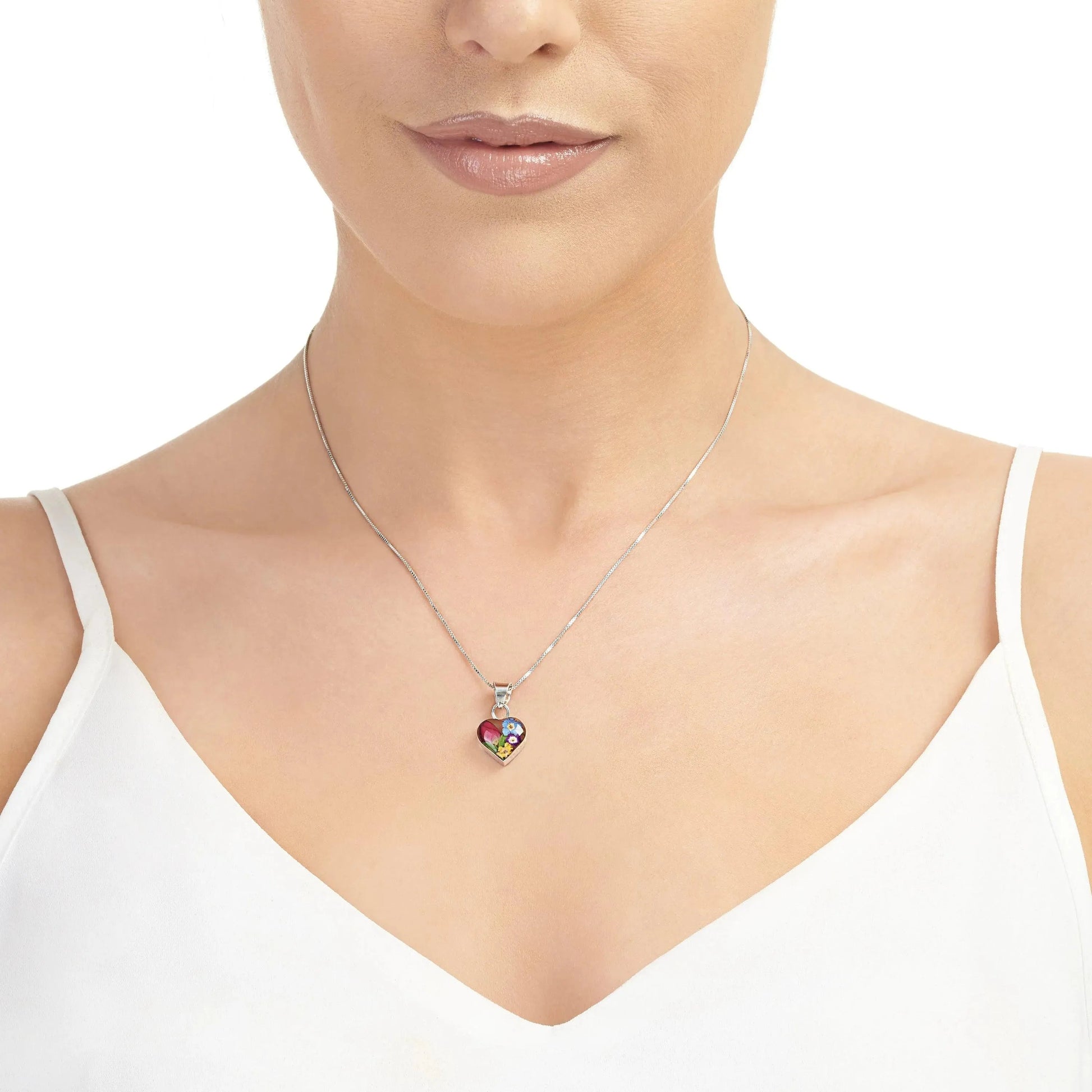 Sterling Silver Small Heart Pendant Necklace with Real Mixed Flowers