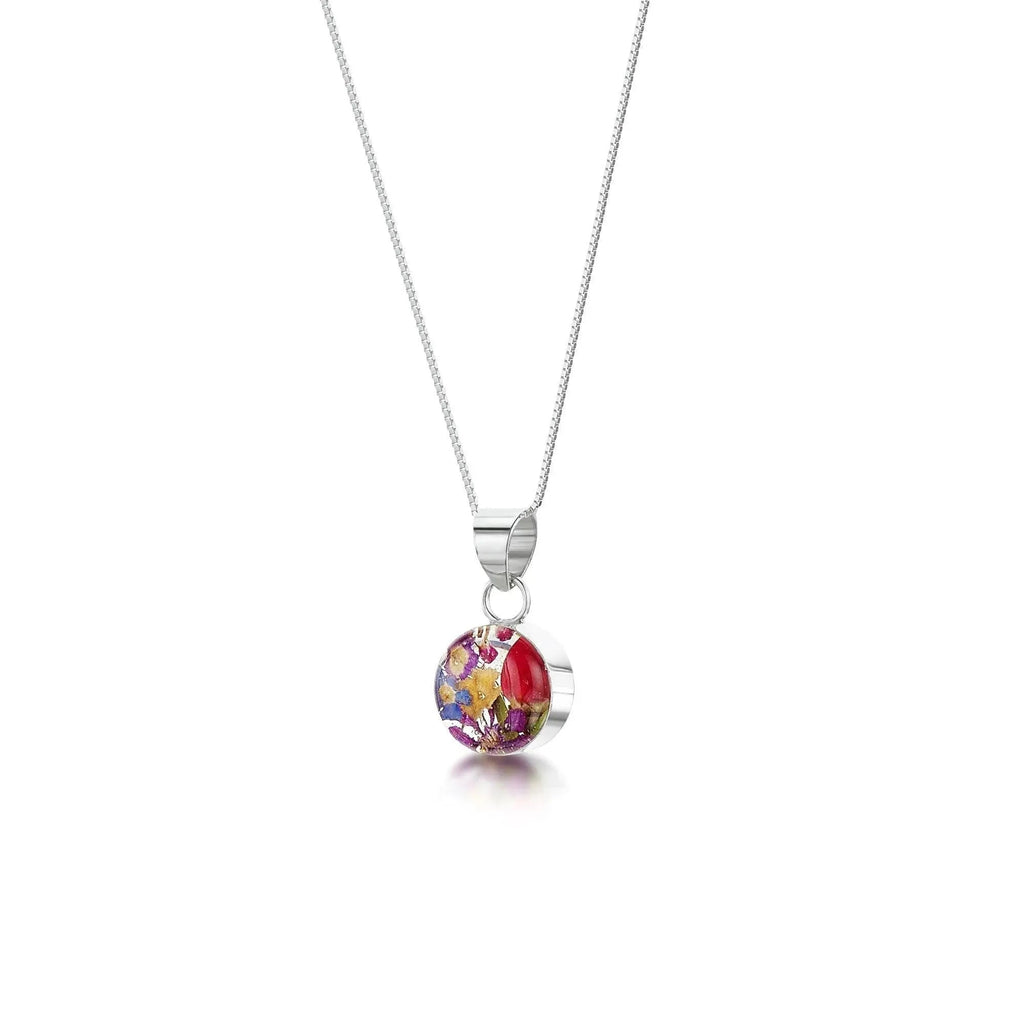 Sterling Silver Small Round Pendant with Real Flowers