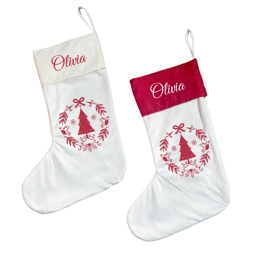 Personalised Christmas Stocking Red Scandi Wreath