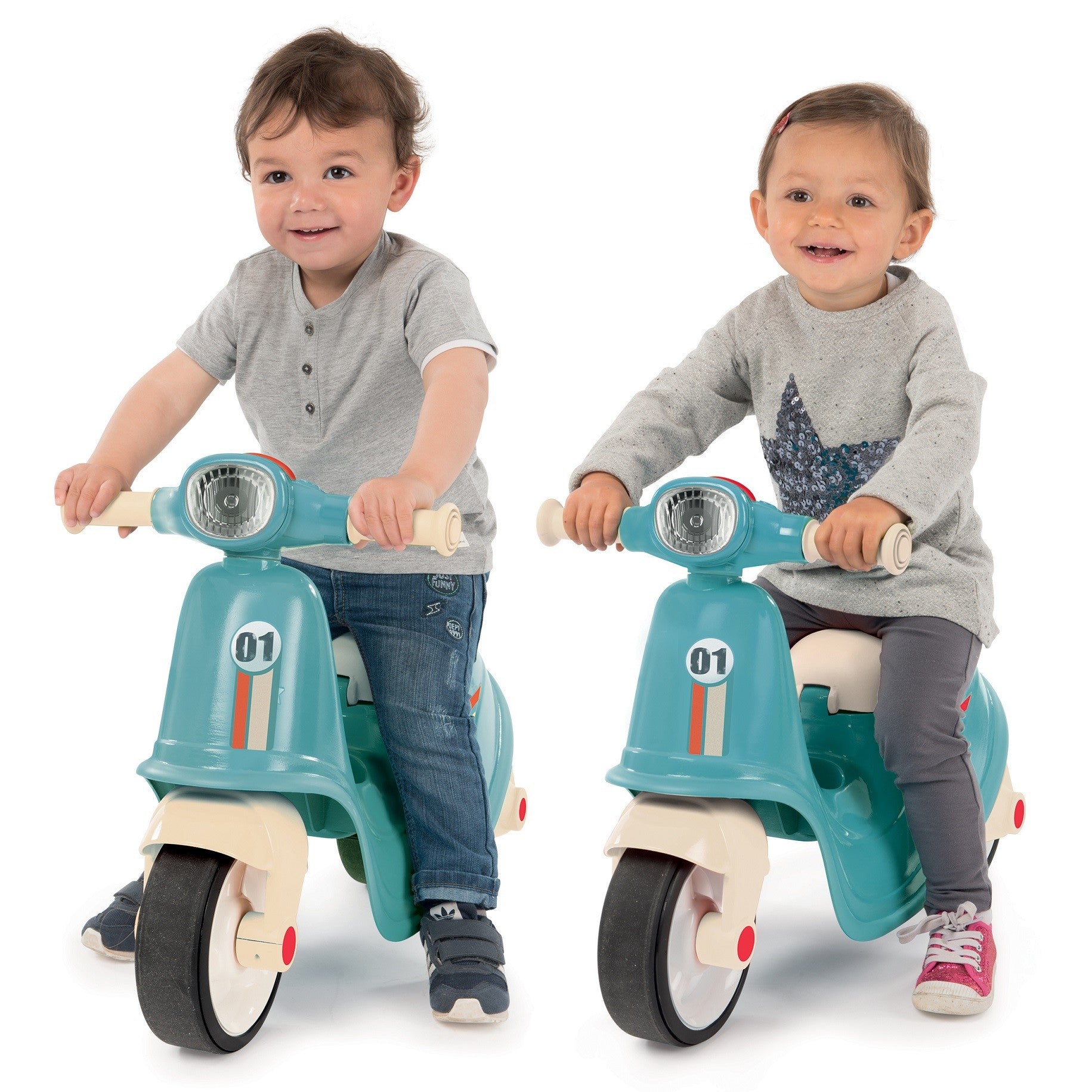 bold blue retro ride-on scooter for kids in dynamic side profile, showcasing its sleek storage and quiet wheels
