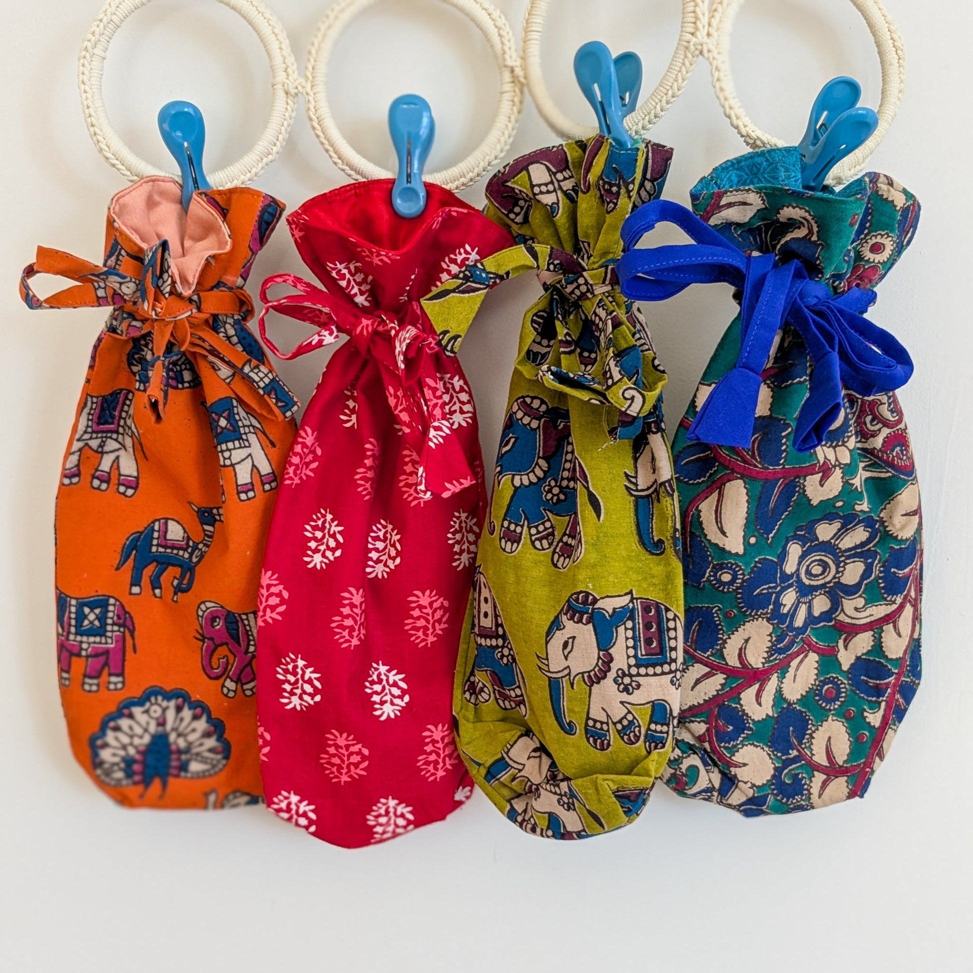 Eco Friendly Bottle Bags, Reusable Kalamkari Cotton Bottle Gift Bags, Ethically Handmade in India