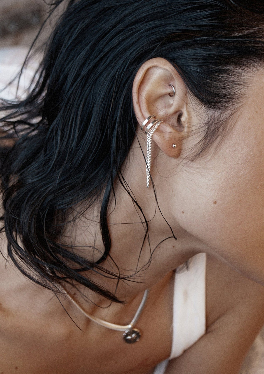 Sterling Silver Double Split Ear Cuff with Chain – No Piercing Needed by NO MORE at www.brixbailey.com