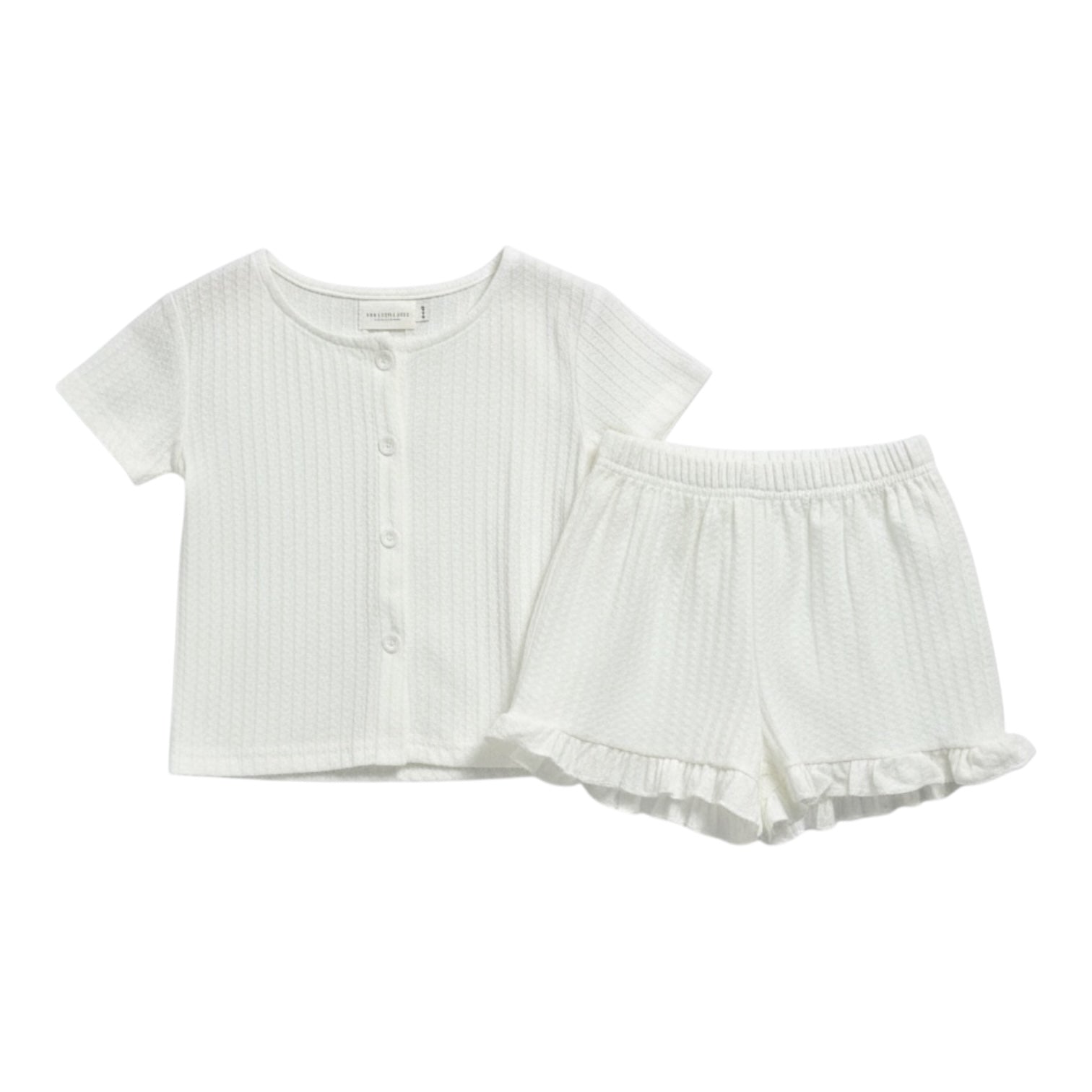 White Ribbed Ruffle Hem Button Top and Shorts Set
