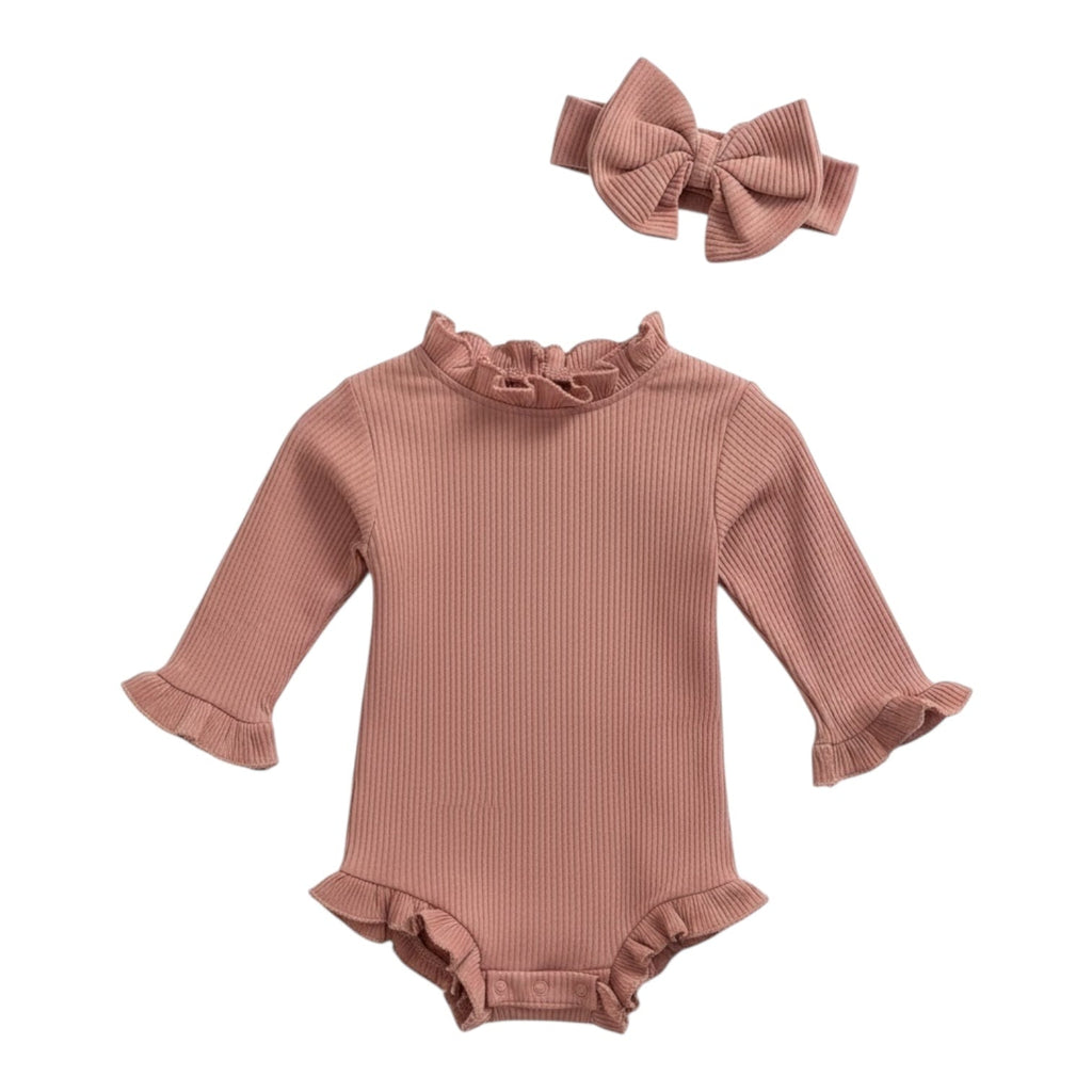 Ribbed Ruffle Romper with Matching Headband