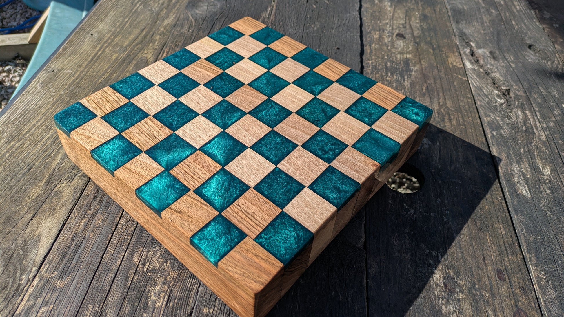 Walnut and teal resin chess board
