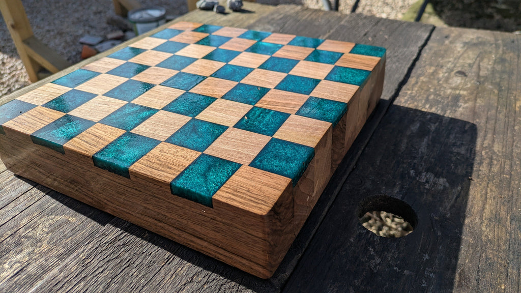 Walnut and teal resin chess board