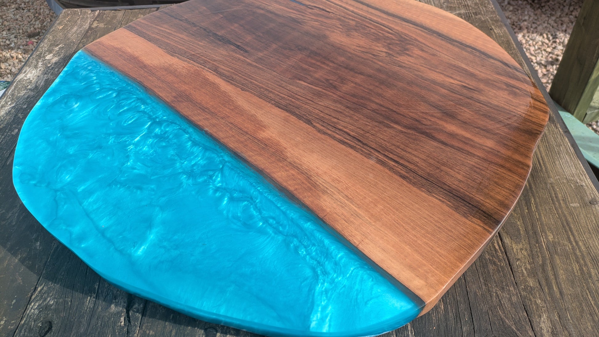 English Walnut and blue resin coffee table