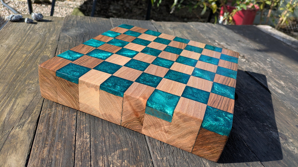 Walnut and teal resin chess board