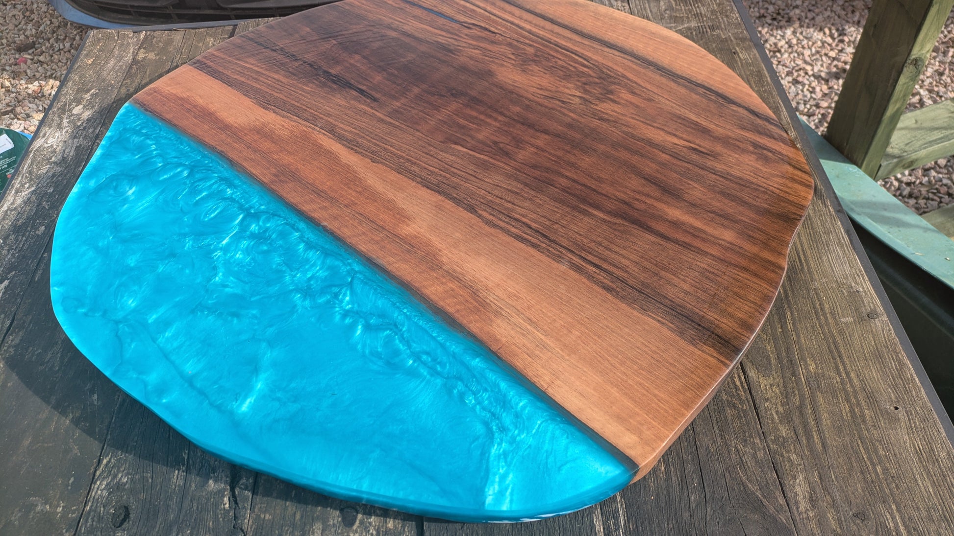 English Walnut and blue resin coffee table