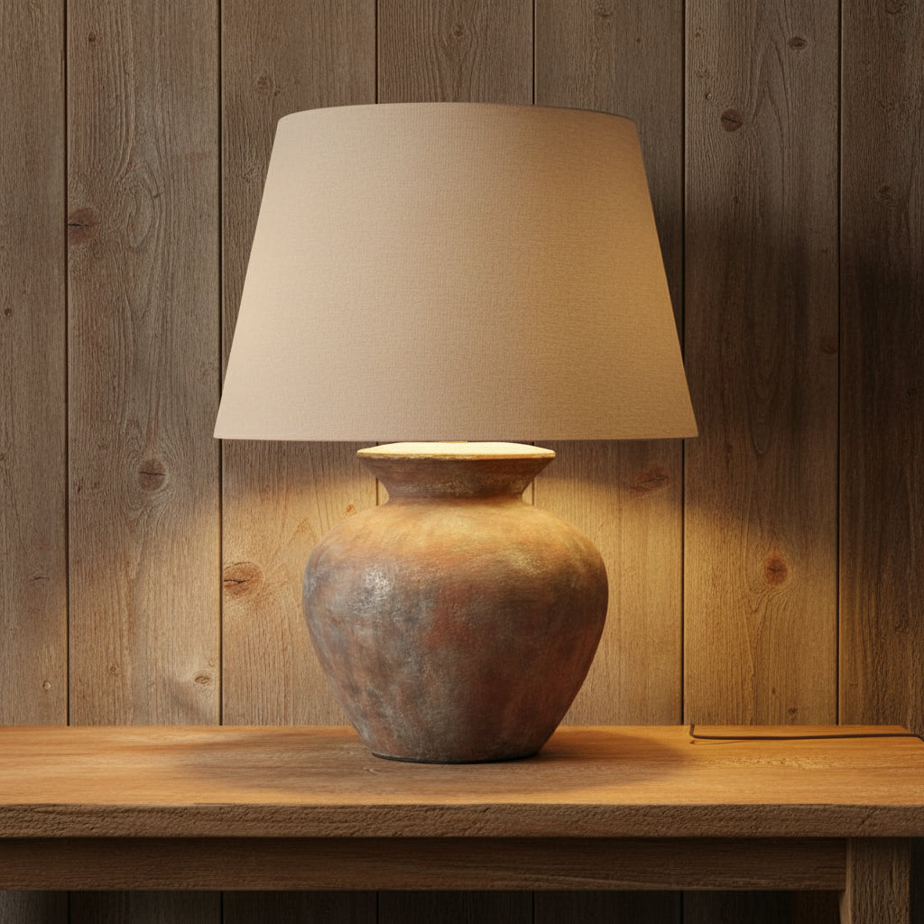Rustic ceramic table lamp with weathered gray-brown finish and neutral beige fabric shade, 63cm tall.by sostter at brixbailey.com