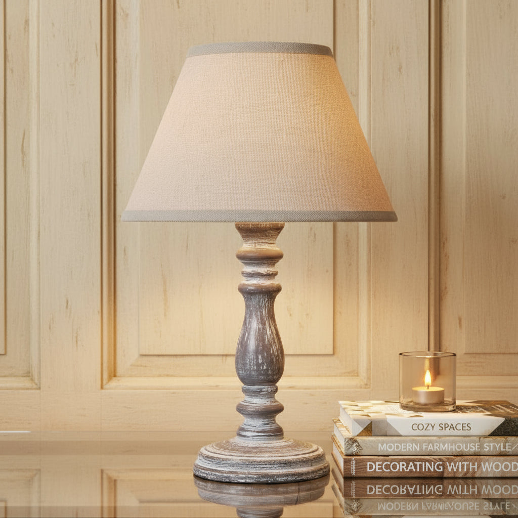 Rustic table lamp with weathered gray-washed wood base and natural linen shade for farmhouse or industrial decor.by sostter at brixbailey.com