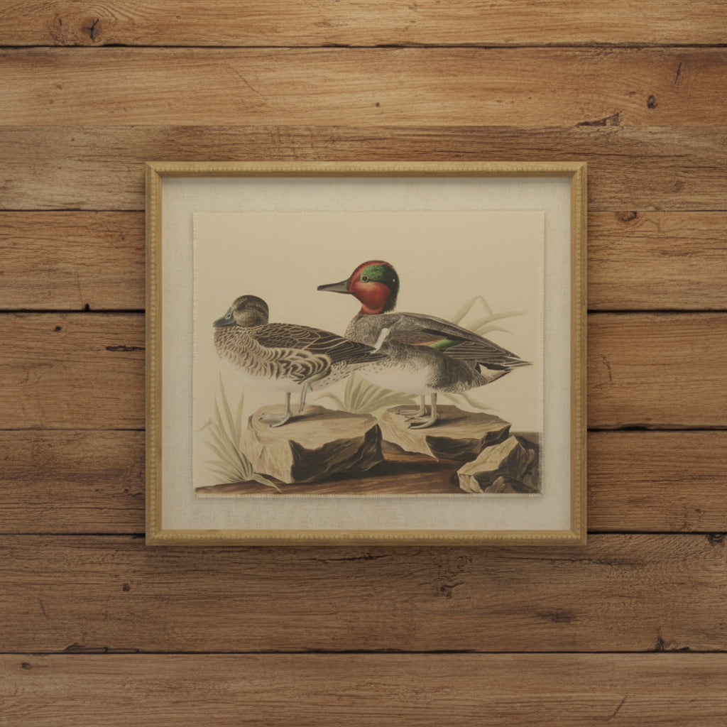 Handcrafted teal waterfowl artwork on linen canvas with beaded frame, showcasing feather and water textures in neutral tones by Sostter at brixbailey.com