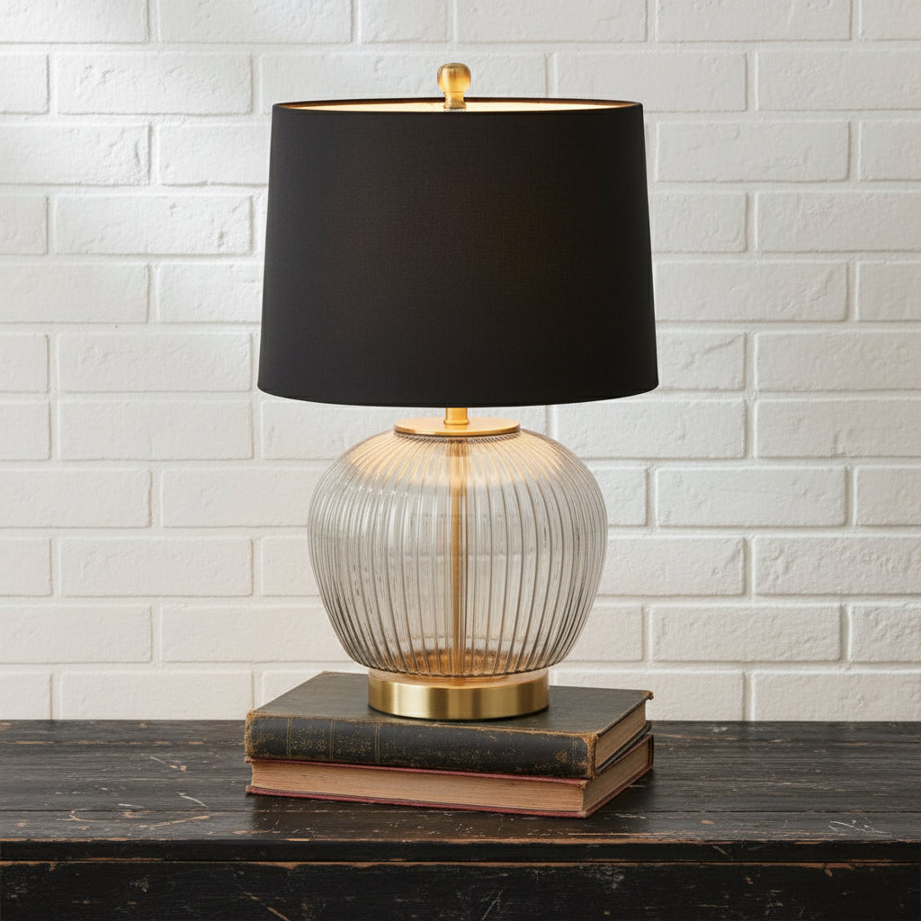 Table lamp with ribbed glass base and black velvet shade, modern home lighting by RoomLondon at brixbailey.com
