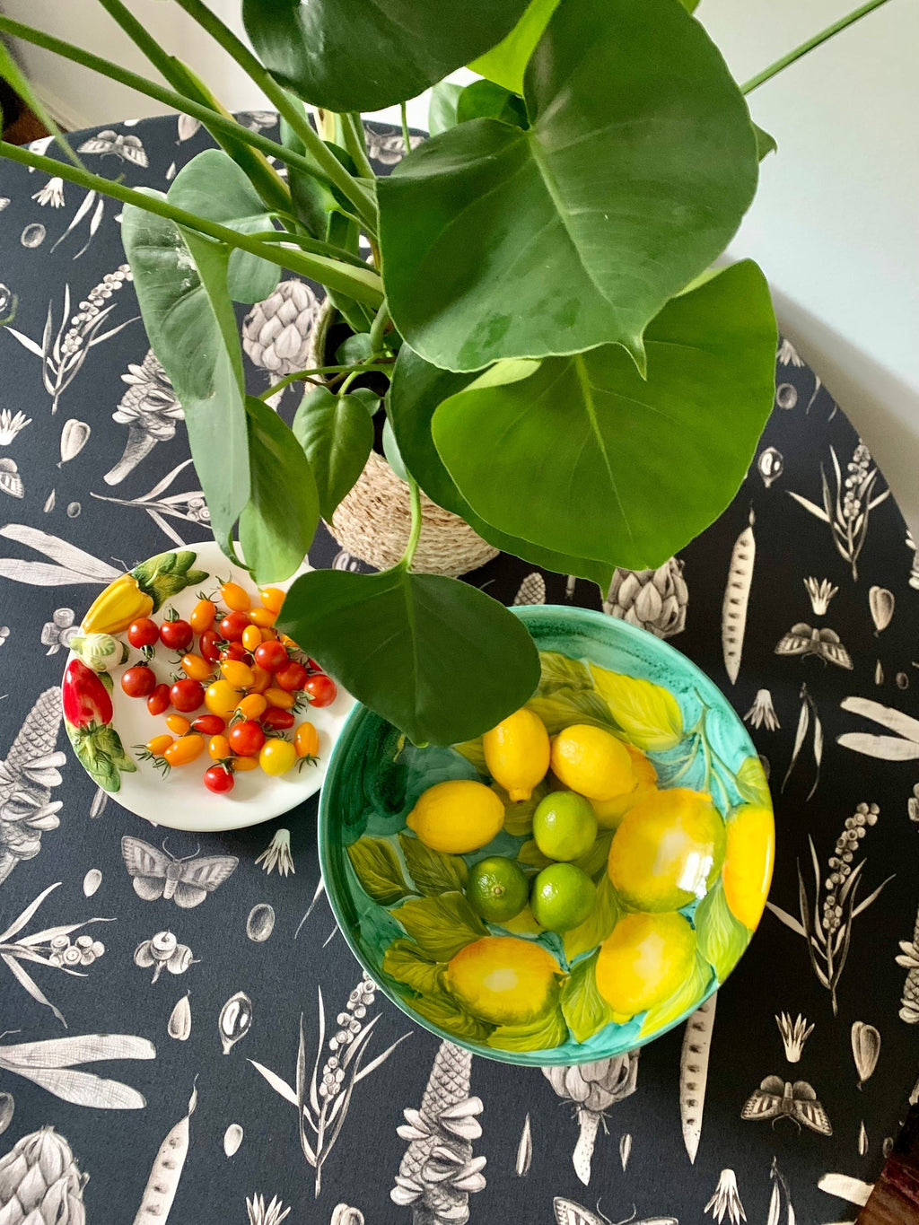 a bold close-up of the seeds carbon print on our round cotton tablecloth