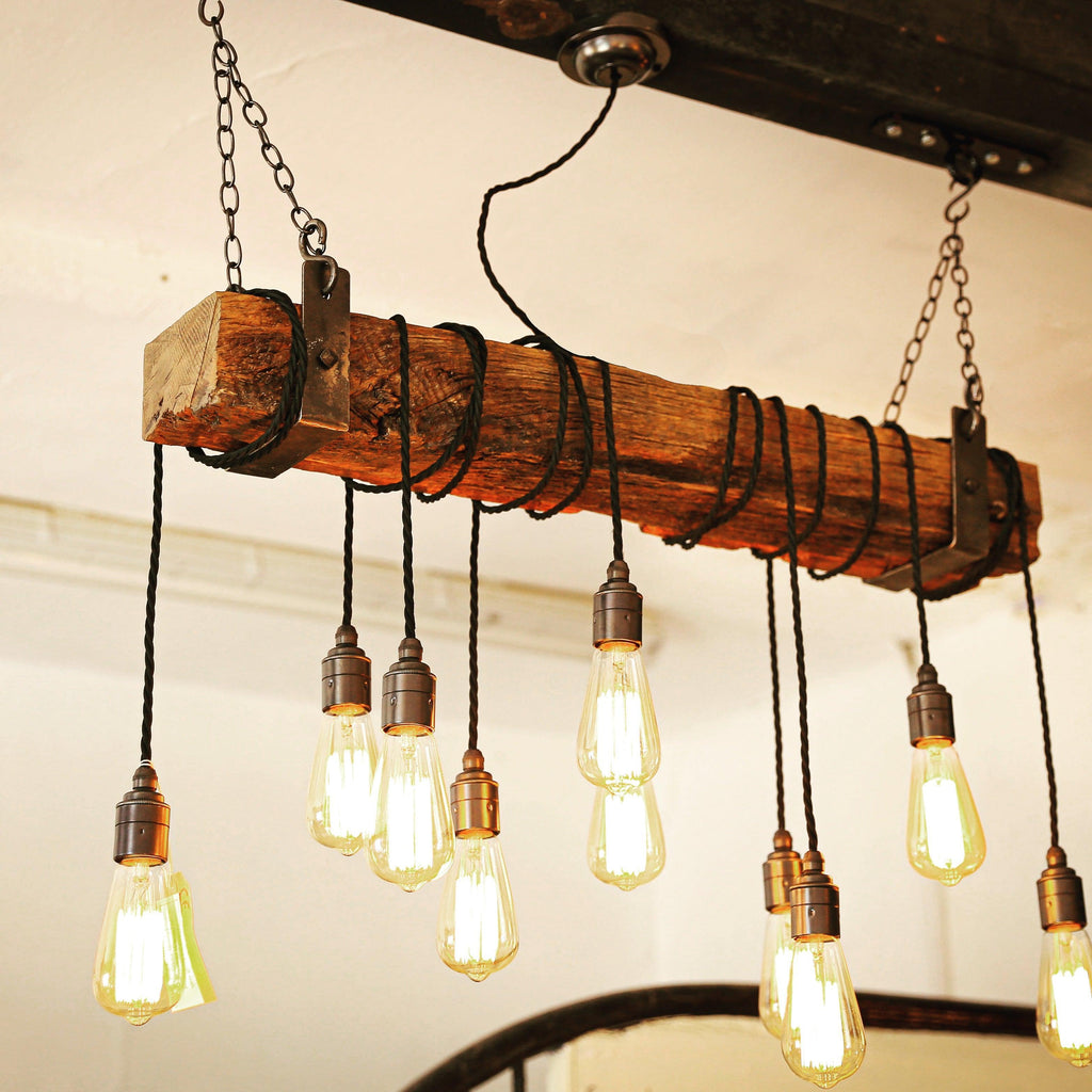 Rustic Oak Beam Chandelier with Wrapped Cables and Steel Brackets