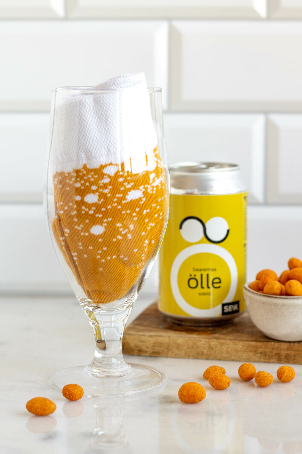 a soft close-up of saaremaa beer socks in a cozy home setting