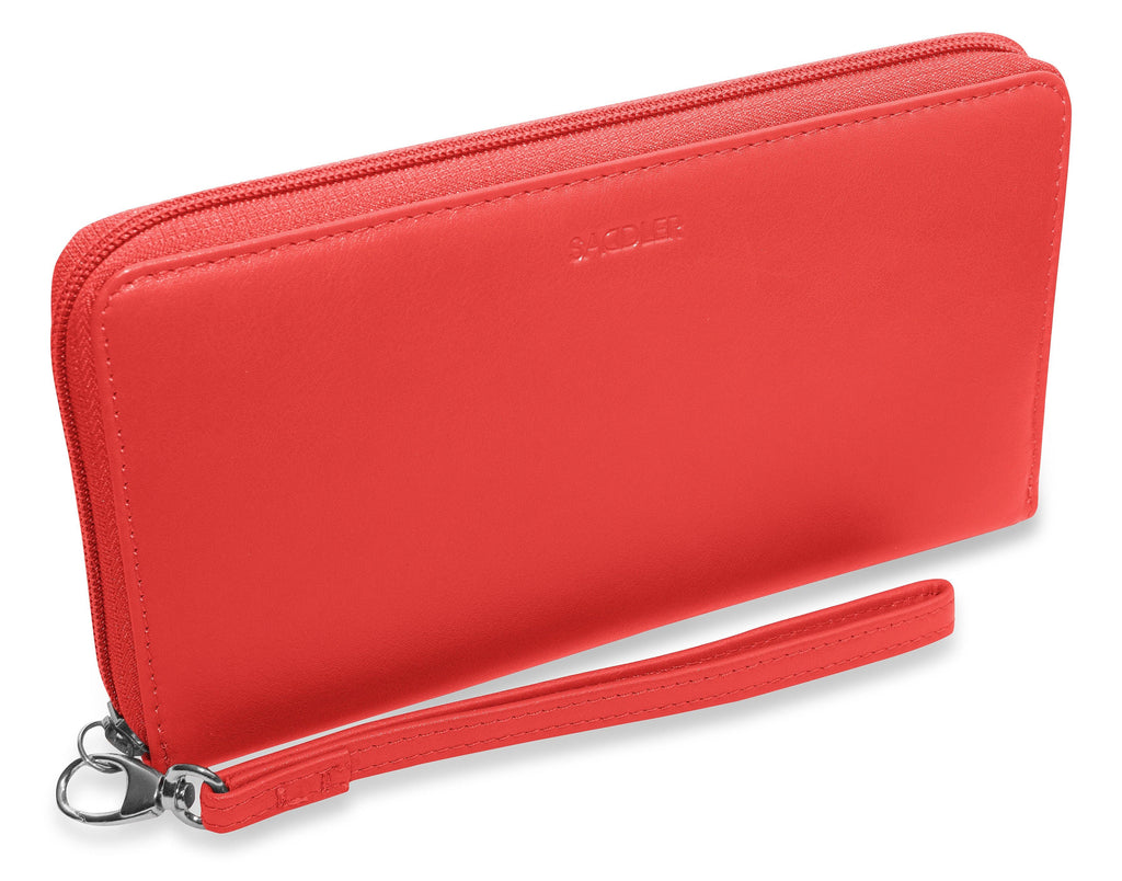 Sophia Leather Zip Around Wallet with 15 Card Slots and Wrist Strap