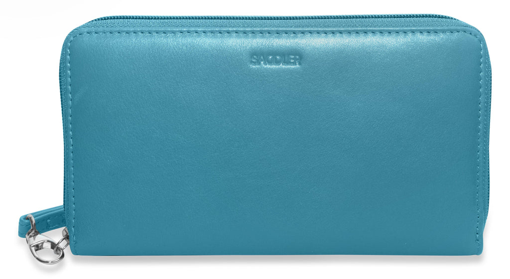 Sophia Leather Zip Around Wallet with 15 Card Slots and Wrist Strap