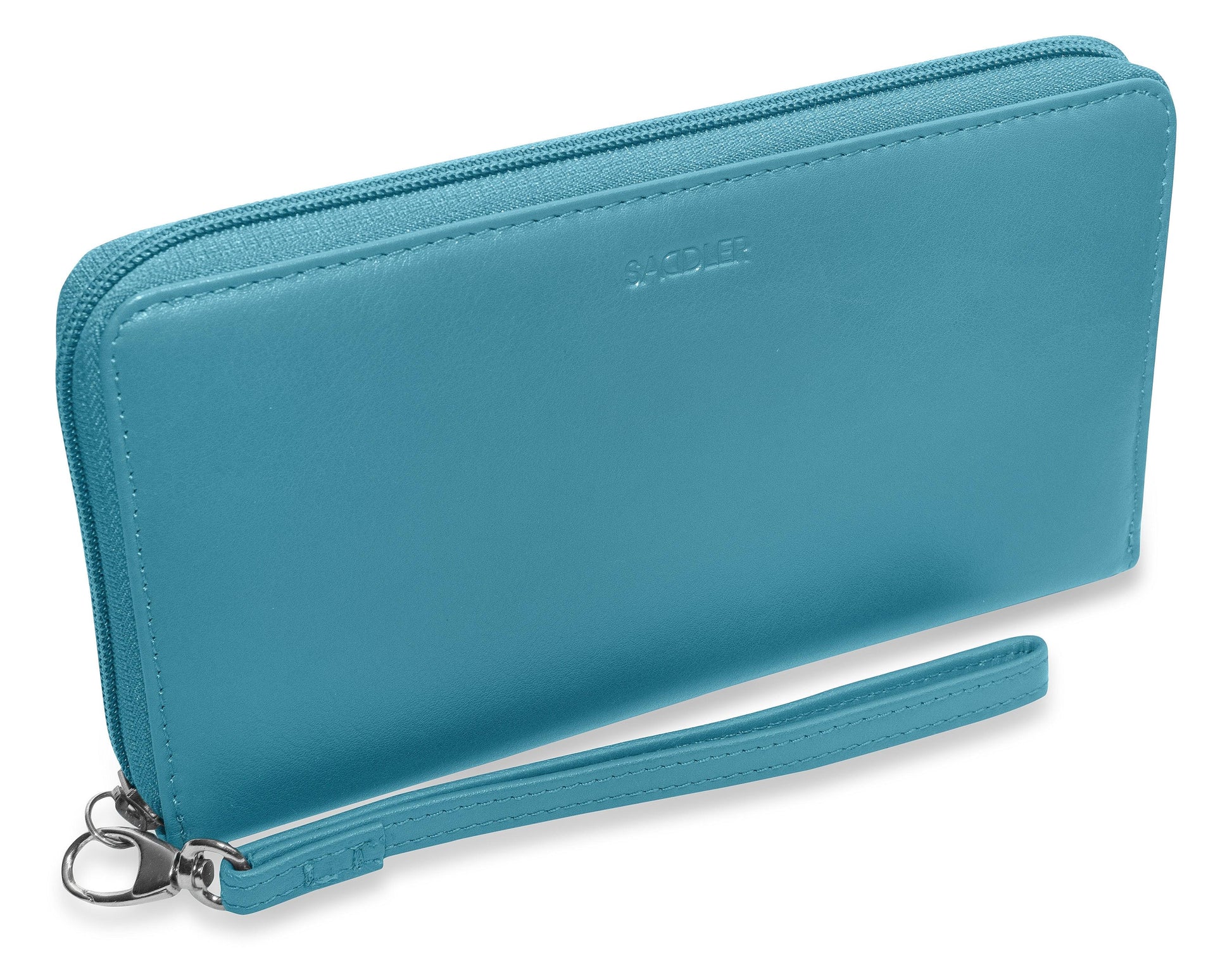 Sophia Leather Zip Around Wallet with 15 Card Slots and Wrist Strap
