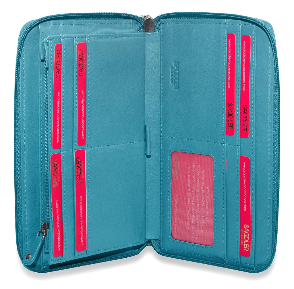 Sophia Leather Zip Around Wallet with 15 Card Slots and Wrist Strap