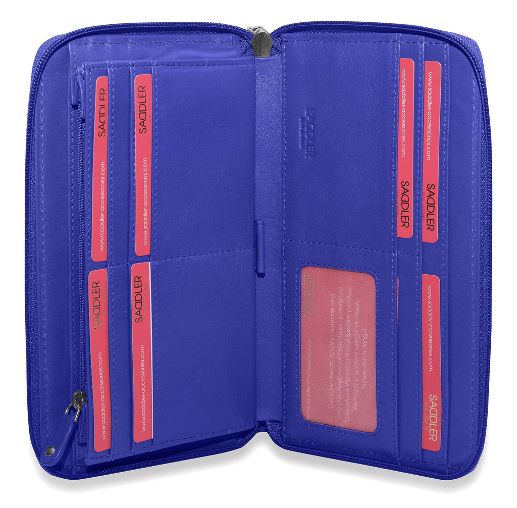 Sophia Leather Zip Around Wallet with 15 Card Slots and Wrist Strap