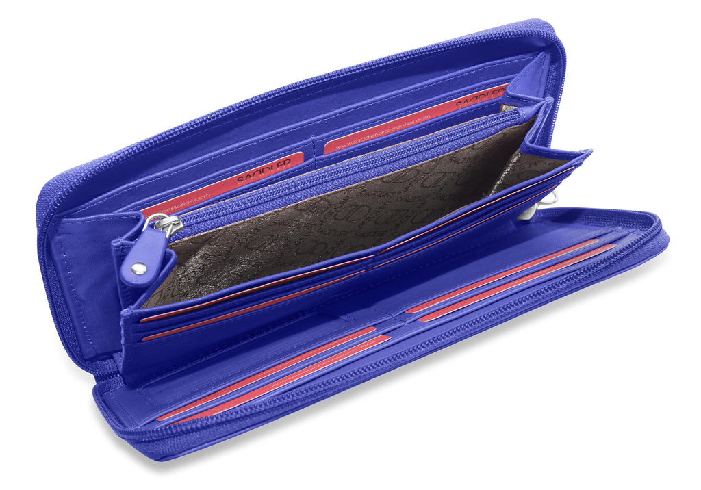 Sophia Leather Zip Around Wallet with 15 Card Slots and Wrist Strap