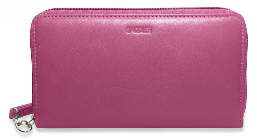 Sophia Leather Zip Around Wallet with 15 Card Slots and Wrist Strap