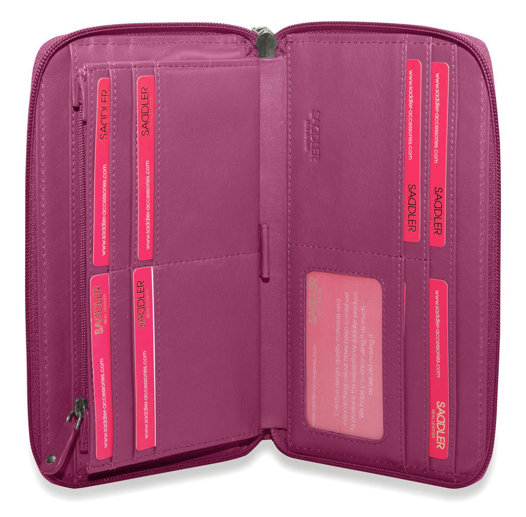 Sophia Leather Zip Around Wallet with 15 Card Slots and Wrist Strap