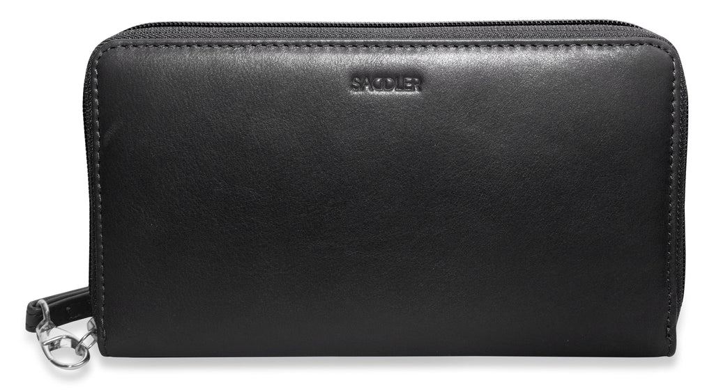 Sophia Leather Zip Around Wallet with 15 Card Slots and Wrist Strap