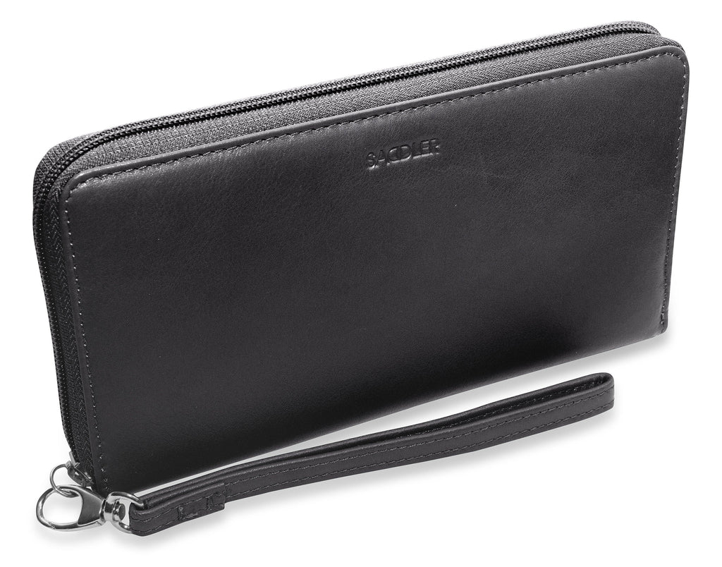 Sophia Leather Zip Around Wallet with 15 Card Slots and Wrist Strap
