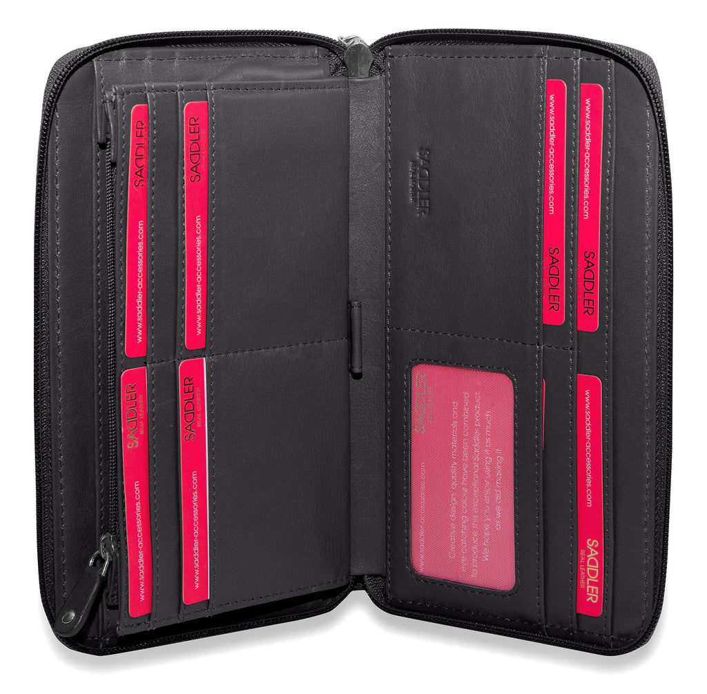 Sophia Leather Zip Around Wallet with 15 Card Slots and Wrist Strap
