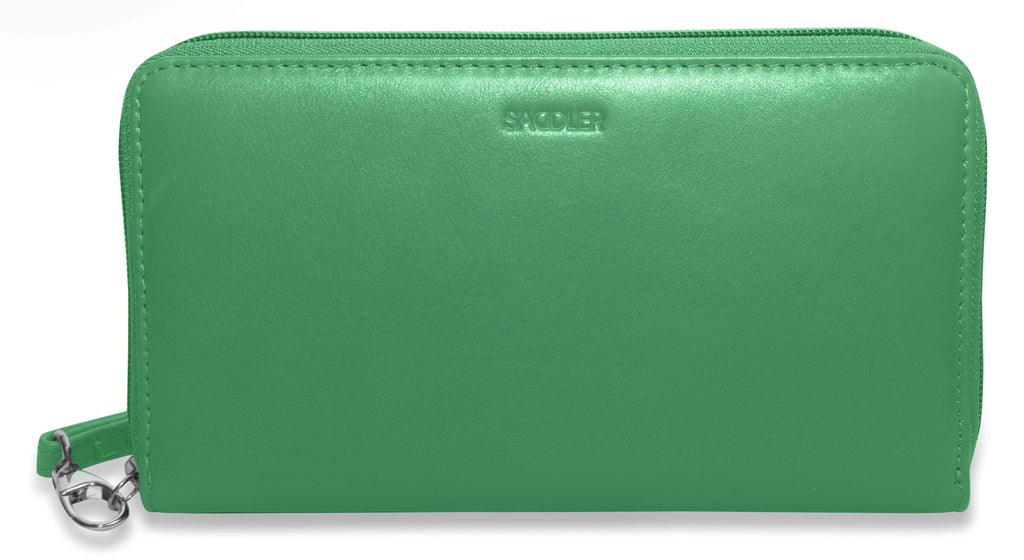 Sophia Leather Zip Around Wallet with 15 Card Slots and Wrist Strap