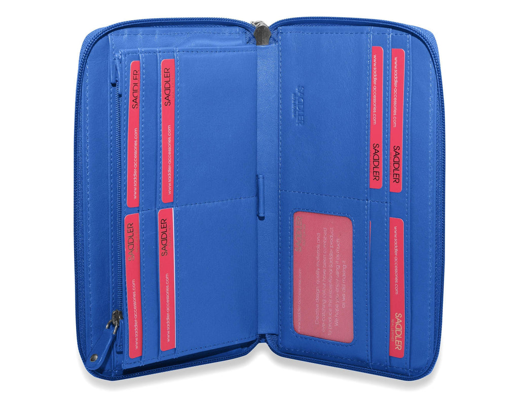 Sophia Leather Zip Around Wallet with 15 Card Slots and Wrist Strap