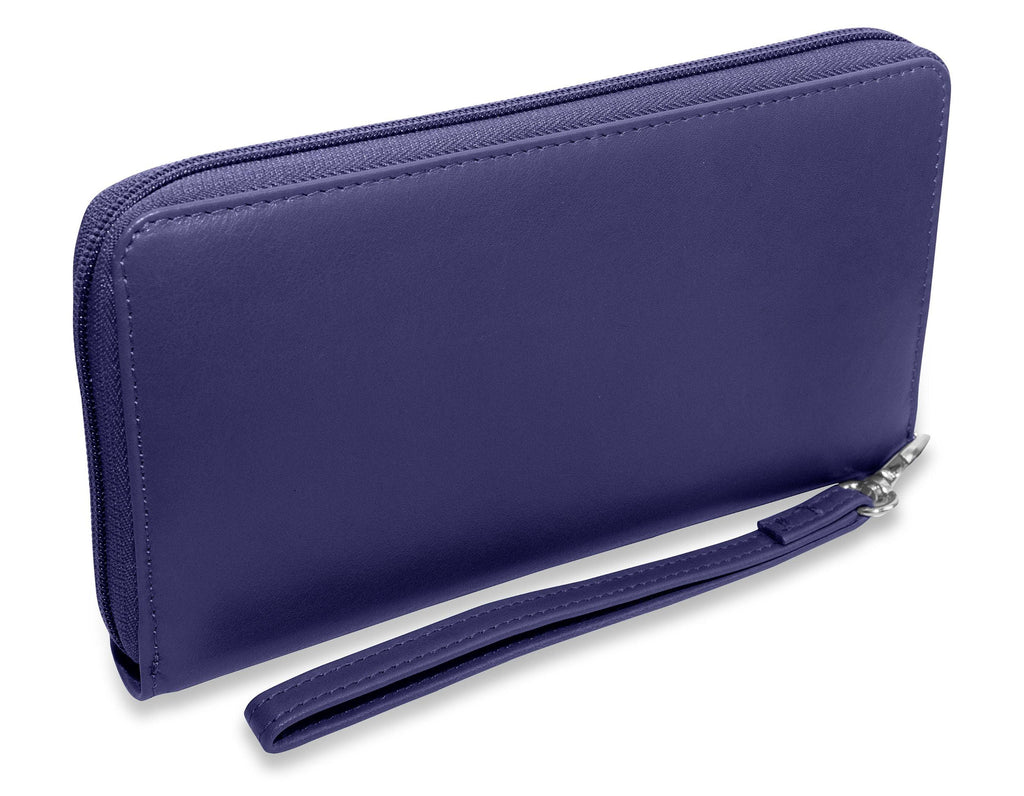 Sophia Leather Zip Around Wallet with 15 Card Slots and Wrist Strap