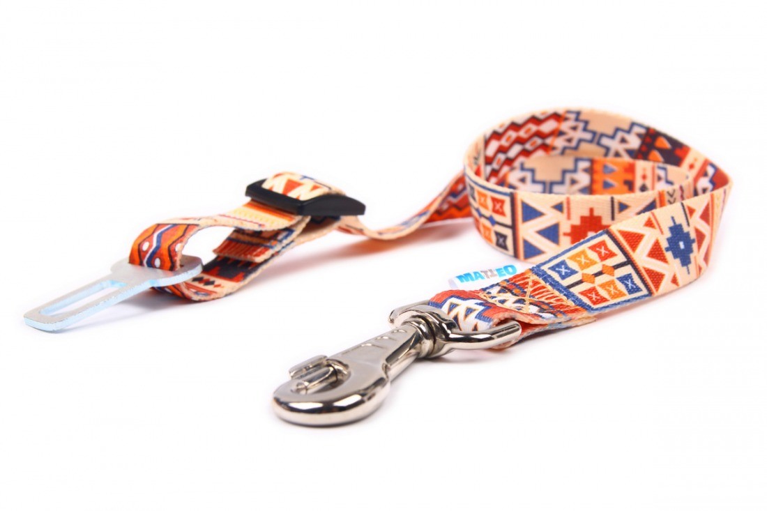 bold boho dog car safety belt in a rugged adventure vehicle setting
