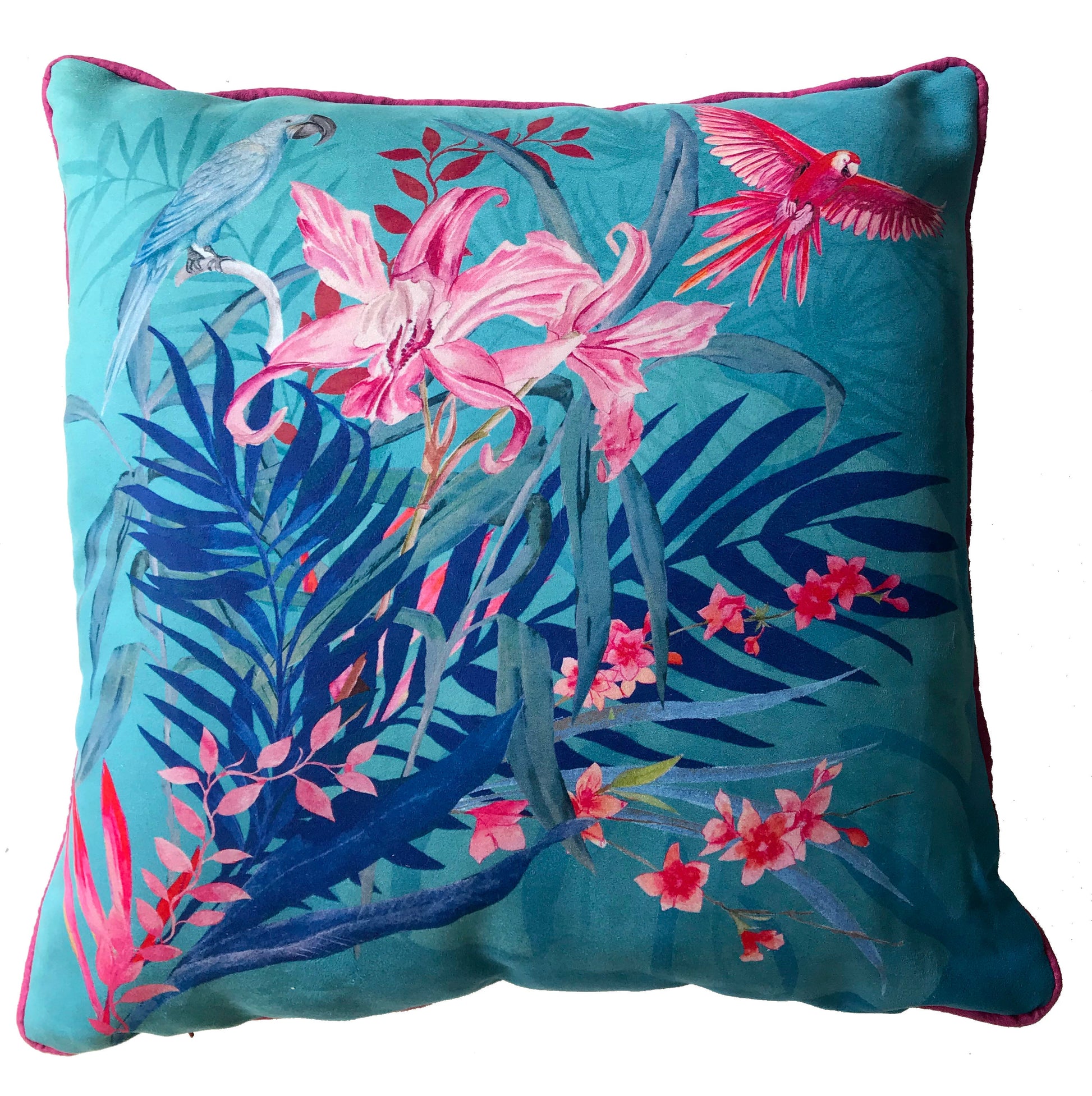 Turquoise Tropical Watercolour Cushion Jungala Double Sided Vegan Suede