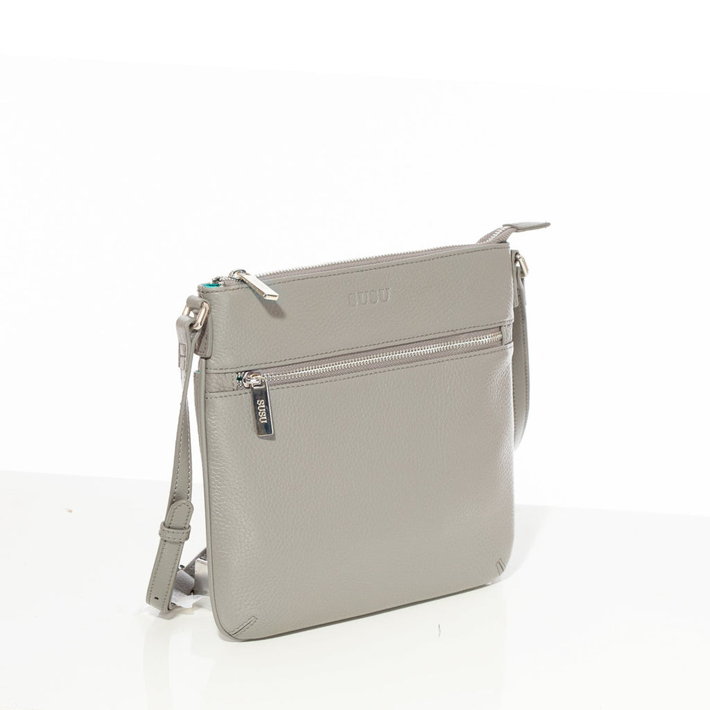 Grey Leather Crossbody Bag with Adjustable Strap