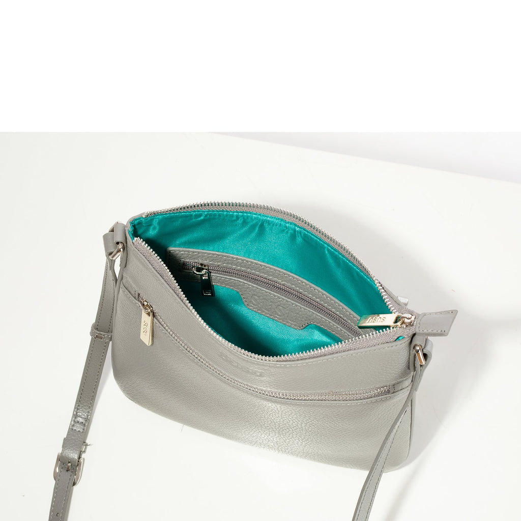 Grey Leather Crossbody Bag with Adjustable Strap