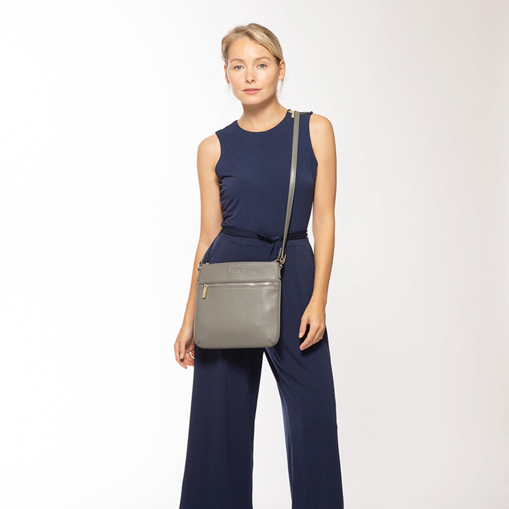 Grey Leather Crossbody Bag with Adjustable Strap