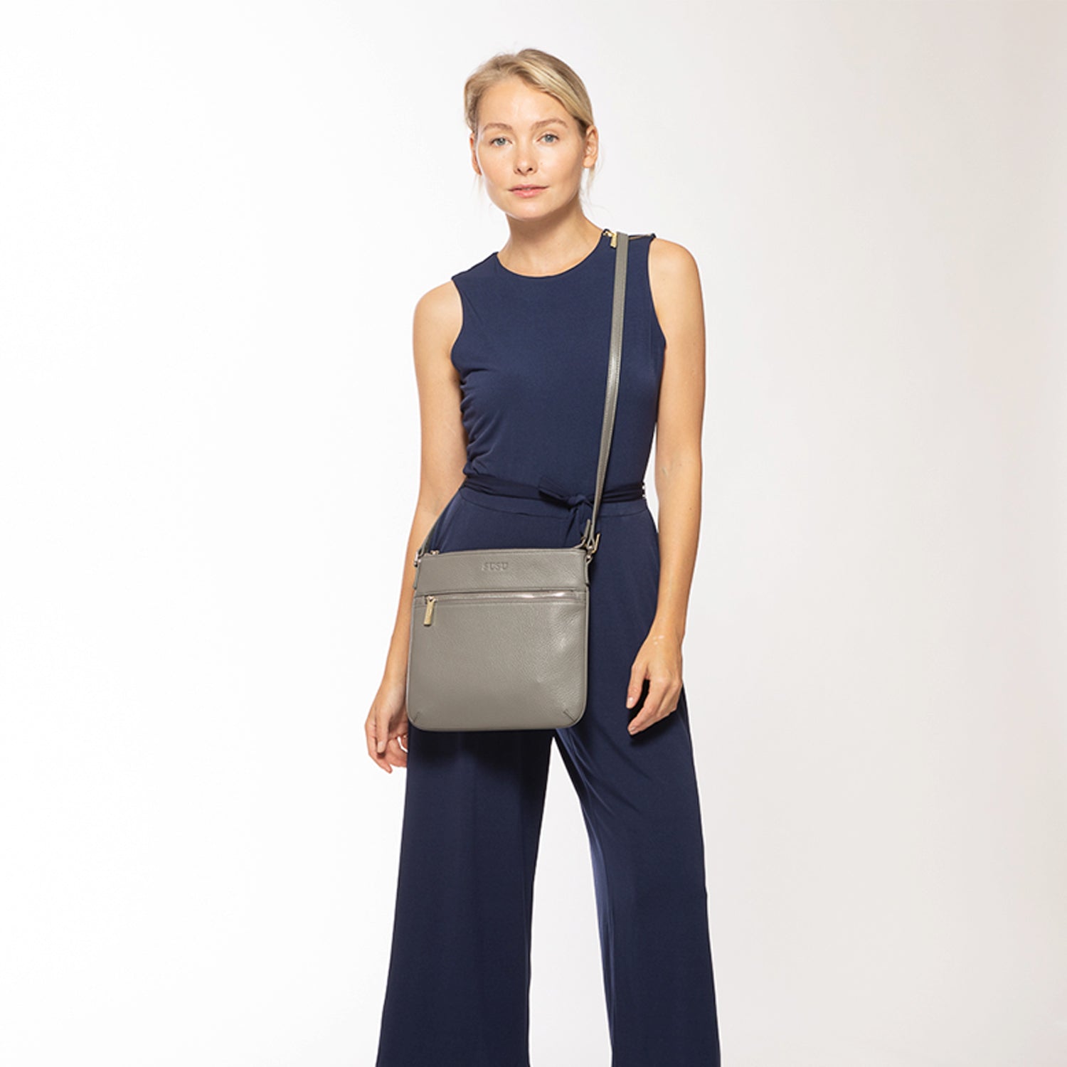 Grey Leather Crossbody Bag with Adjustable Strap