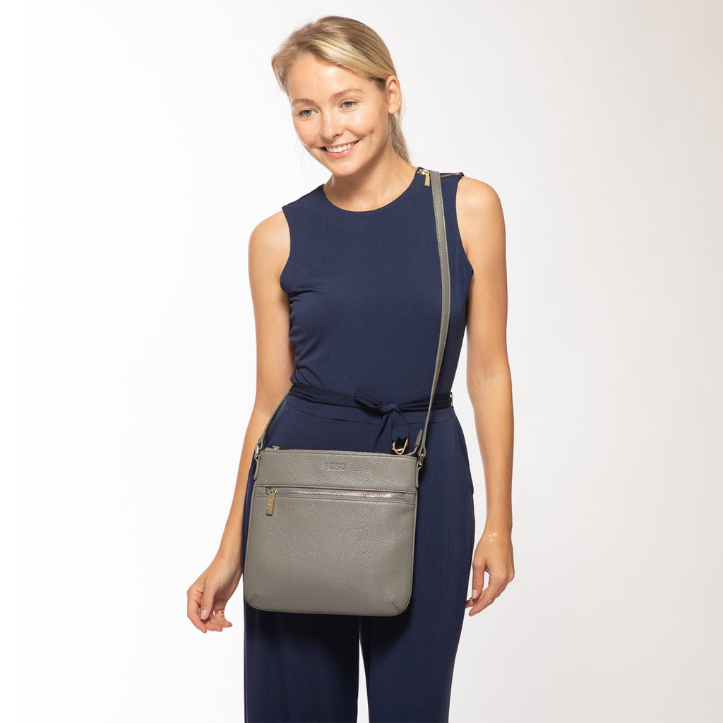 Grey Leather Crossbody Bag with Adjustable Strap