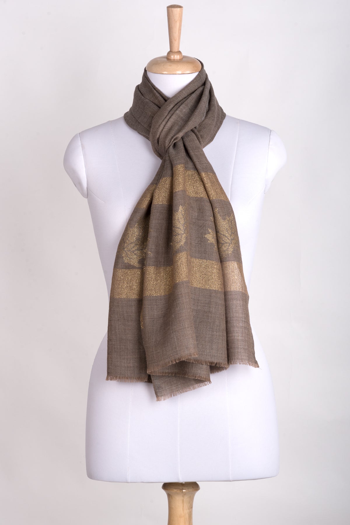 Gold Maple Leaf Border Cashmere Wool Scarf -  Beige