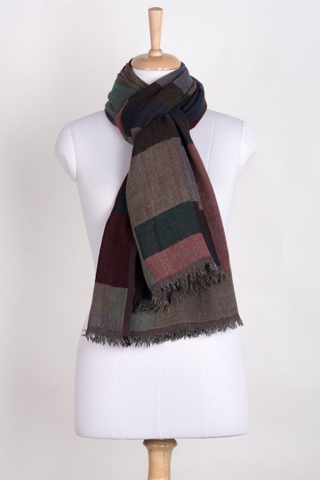 Mix Checks Jacquard Merino Wool Scarf - Red Blue Multi