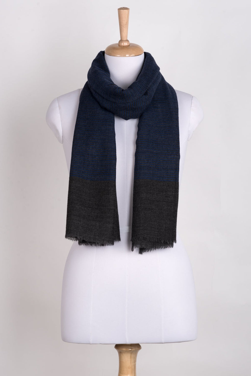 Pinstripes with Border Merino Wool Scarf - Blue Grey