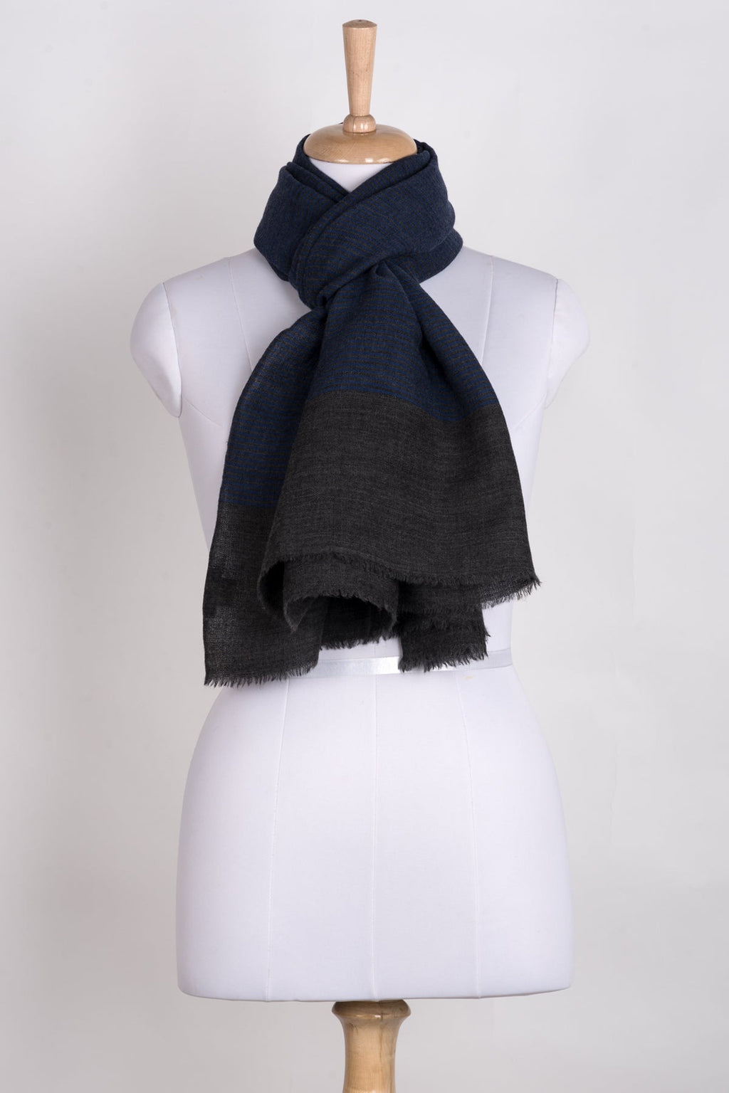 Pinstripes with Border Merino Wool Scarf - Blue Grey