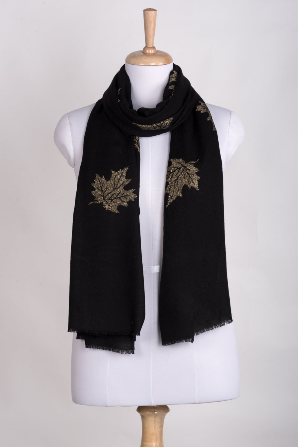 Gold Maple Leaf Cashmere Wool Scarf - Black