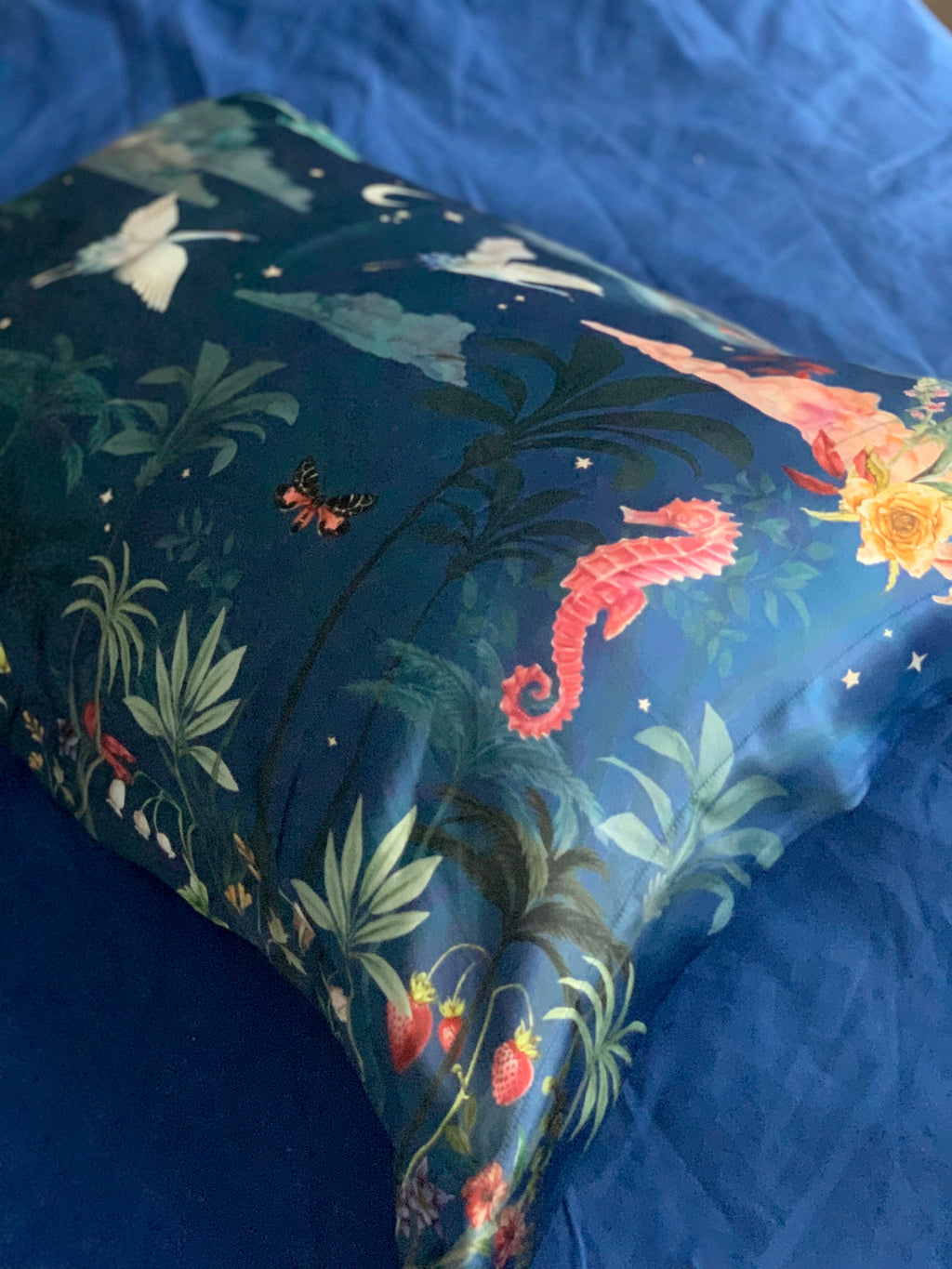 Blue Silk Pillowcase with Hand Painted Wondrous Print Standard Oxford