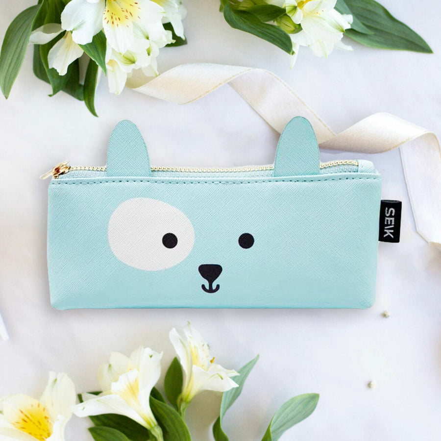 Cute Puppy Pencil Case – Vegan Faux Leather, Pastel Blue by SEIK at www.brixbailey.com