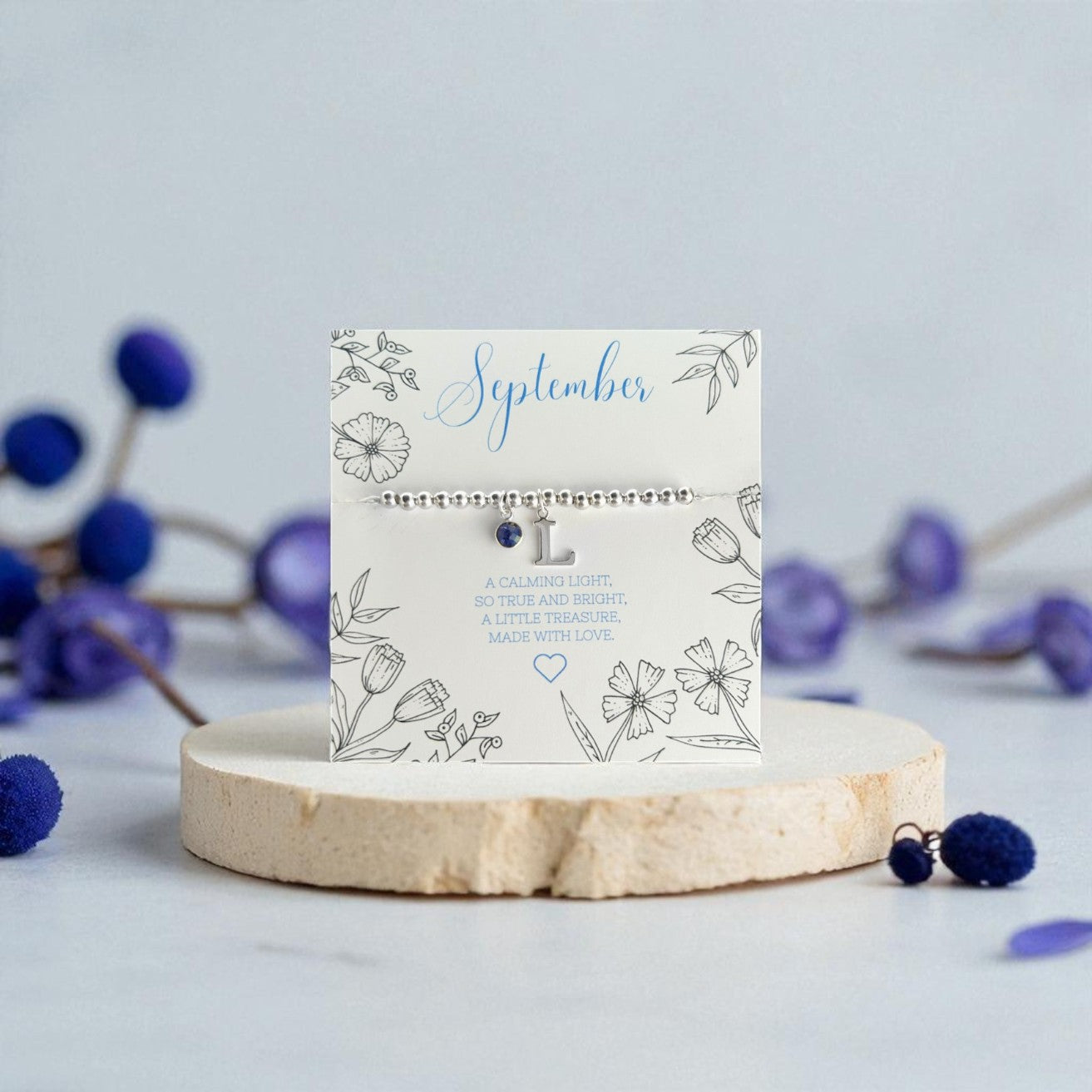 Initial and September Birthstone Stretch Bracelet