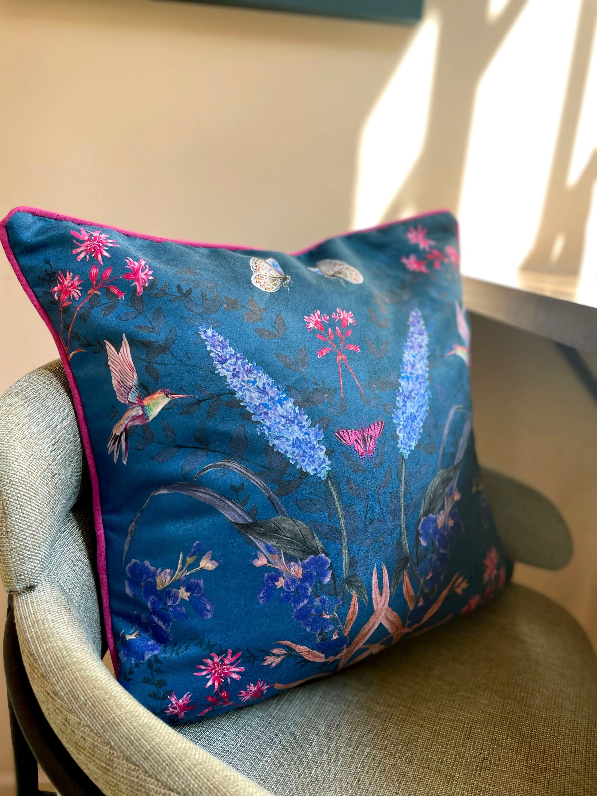 Teal cushion with watercolour botanical art 'Serene' double sided square design